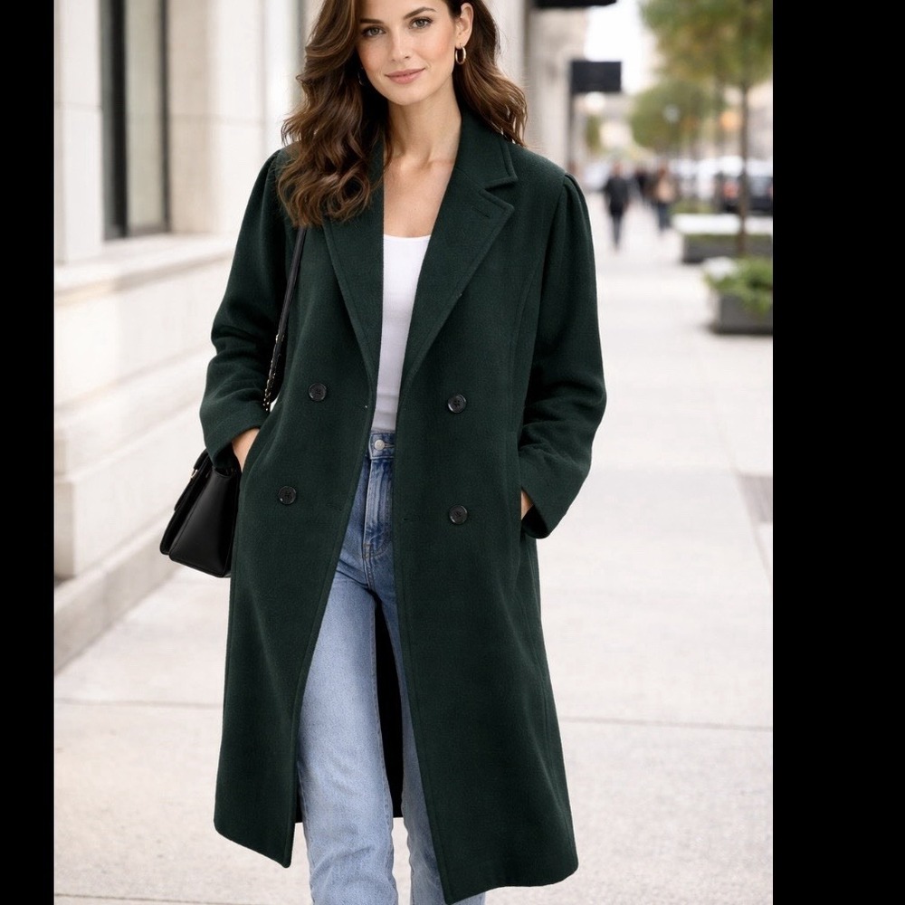 Vintage Wool Coat Women 8P Hunter Green Double Breasted Trench 90s Capsule Puff - Picture 2 of 15